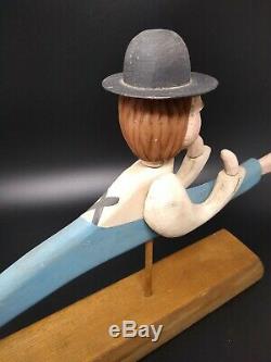 Vintage Folk Art Amish Wood Sculpture Signed'88 Man in Hat, Movable Head & Arms