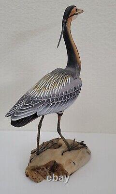 Vintage Folk Art Artisan Made Blue Heron Bird Statue Carved Painted 12.75 X 9