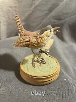Vintage Folk Art Carved And Painted Bird Eating Worm Signed Russell Coburn