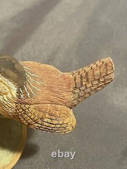 Vintage Folk Art Carved And Painted Bird Eating Worm Signed Russell Coburn