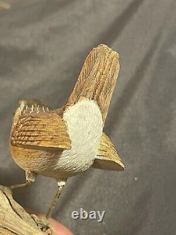 Vintage Folk Art Carved And Painted Bird Eating Worm Signed Russell Coburn