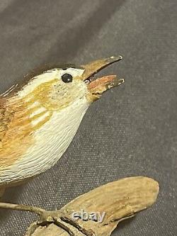 Vintage Folk Art Carved And Painted Bird Eating Worm Signed Russell Coburn