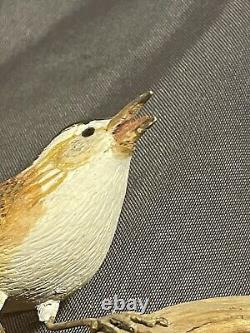 Vintage Folk Art Carved And Painted Bird Eating Worm Signed Russell Coburn