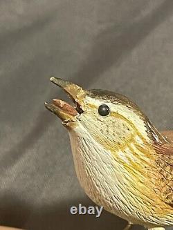 Vintage Folk Art Carved And Painted Bird Eating Worm Signed Russell Coburn