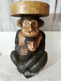 Vintage Folk Art Carved Monkey With Baby Stool Oversize W. 13D. 10H. 19