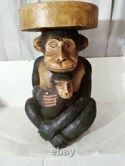 Vintage Folk Art Carved Monkey With Baby Stool Oversize W. 13D. 10H. 19