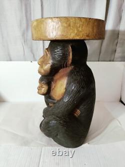 Vintage Folk Art Carved Monkey With Baby Stool Oversize W. 13D. 10H. 19