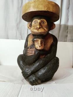 Vintage Folk Art Carved Monkey With Baby Stool Oversize W. 13D. 10H. 19
