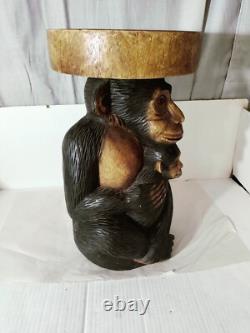 Vintage Folk Art Carved Monkey With Baby Stool Oversize W. 13D. 10H. 19