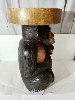 Vintage Folk Art Carved Monkey With Baby Stool Oversize W. 13D. 10H. 19