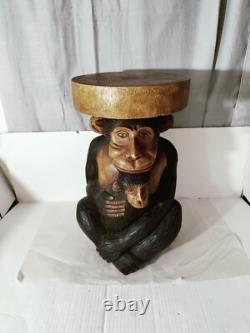 Vintage Folk Art Carved Monkey With Baby Stool Oversize W. 13D. 10H. 19