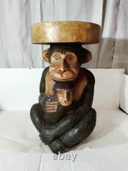 Vintage Folk Art Carved Monkey With Baby Stool Oversize W. 13D. 10H. 19