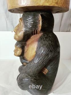 Vintage Folk Art Carved Monkey With Baby Stool Oversize W. 13D. 10H. 19