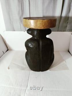 Vintage Folk Art Carved Monkey With Baby Stool Oversize W. 13D. 10H. 19