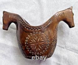 Vintage Folk Art Carved Wood Dual Horse Heads Ale Bowl Hand Carved Norwegian