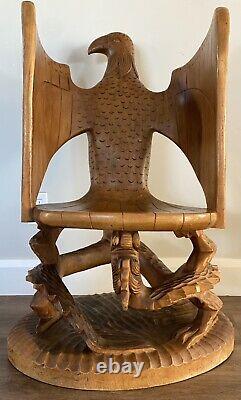 Vintage Folk Art Carved Wood Eagle Bird Dragon Serpent Sculpture Throne Chair