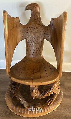 Vintage Folk Art Carved Wood Eagle Bird Dragon Serpent Sculpture Throne Chair