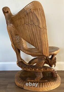 Vintage Folk Art Carved Wood Eagle Bird Dragon Serpent Sculpture Throne Chair