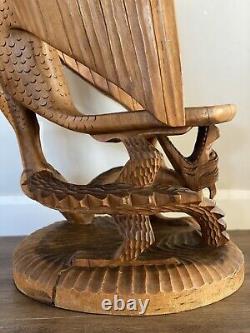 Vintage Folk Art Carved Wood Eagle Bird Dragon Serpent Sculpture Throne Chair