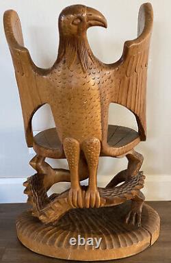 Vintage Folk Art Carved Wood Eagle Bird Dragon Serpent Sculpture Throne Chair