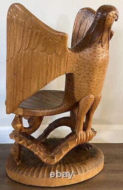 Vintage Folk Art Carved Wood Eagle Bird Dragon Serpent Sculpture Throne Chair