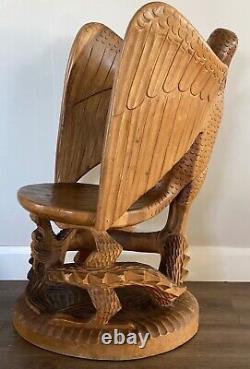 Vintage Folk Art Carved Wood Eagle Bird Dragon Serpent Sculpture Throne Chair