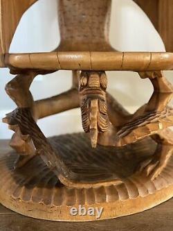 Vintage Folk Art Carved Wood Eagle Bird Dragon Serpent Sculpture Throne Chair