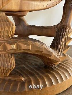 Vintage Folk Art Carved Wood Eagle Bird Dragon Serpent Sculpture Throne Chair