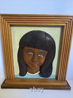 Vintage Folk Art Carved Wood Girl Portrait In wood Frame