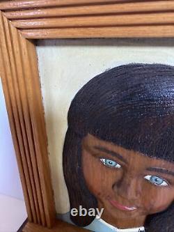 Vintage Folk Art Carved Wood Girl Portrait In wood Frame