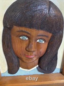 Vintage Folk Art Carved Wood Girl Portrait In wood Frame