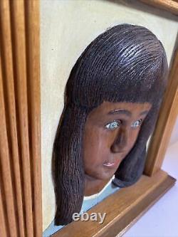 Vintage Folk Art Carved Wood Girl Portrait In wood Frame