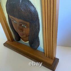 Vintage Folk Art Carved Wood Girl Portrait In wood Frame