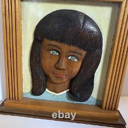 Vintage Folk Art Carved Wood Girl Portrait In wood Frame