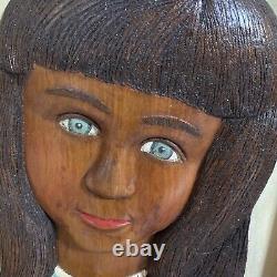 Vintage Folk Art Carved Wood Girl Portrait In wood Frame