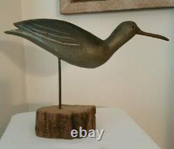 Vintage Folk Art Carved Wood Sandpiper Shore Bird Decoy Sculpture SIGNED