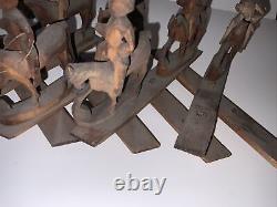 Vintage Folk Art Carved Wood Soldiers On Horses Accordion Style