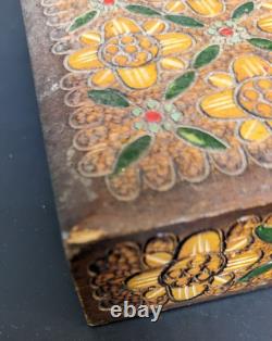 Vintage Folk Art Carved Wood Trinket Box with Colored Primitive Florals