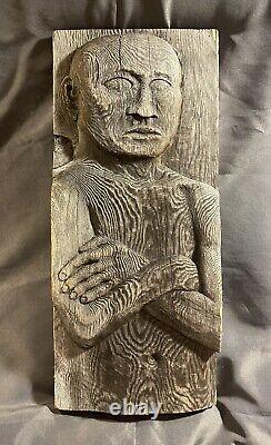 Vintage Folk Art Carved Wooden Deep Relief Figural Hanging Sculpture