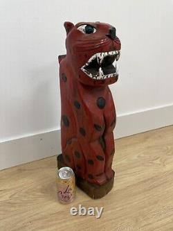 Vintage Folk Art Cheetah Leopard Carved Wood Polychrome Sculpture Spotted Cat