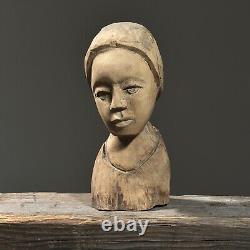 Vintage Folk Art Hand Carved Female Portrait with Headwrap Sculpture