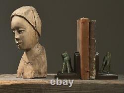 Vintage Folk Art Hand Carved Female Portrait with Headwrap Sculpture