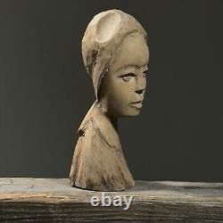 Vintage Folk Art Hand Carved Female Portrait with Headwrap Sculpture