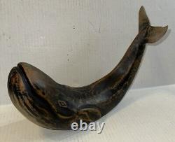 Vintage Folk Art Hand Carved Large 15 Wood Whale Sculpture 3 Pieces