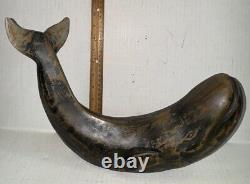 Vintage Folk Art Hand Carved Large 15 Wood Whale Sculpture 3 Pieces