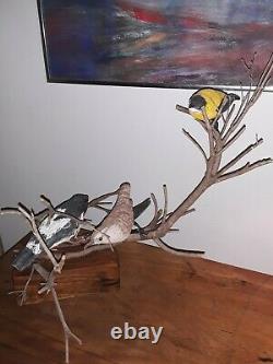 Vintage Folk Art Hand Carved & Painted 4 Birds on a Branch