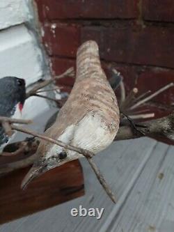 Vintage Folk Art Hand Carved & Painted 4 Birds on a Branch