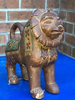 Vintage Folk Art Hand Carved Painted Wooden Wood Lion Statue Sculpture Figurine