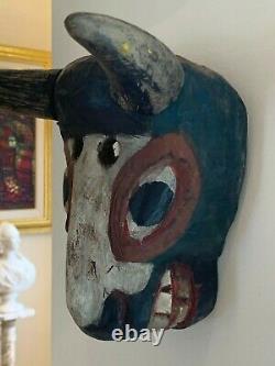 Vintage Folk Art Hand Carved Solid Wood Horse Face Horned Mask