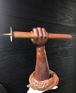 Vintage Folk Art Hand Carved Wall Mounted Arm Candle Holder Spike Large